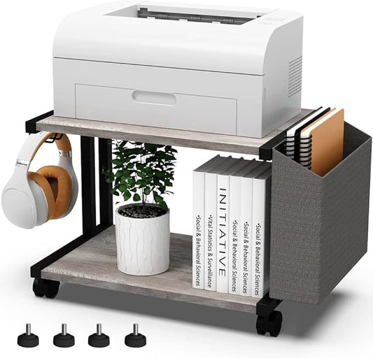 VEDECASA 2 Tier Vintage Greige Wooden Under Desk Printer Stand with Storage Bag for Home Office Desktop Printer Table Organizer Mobile Printer Shelf Cart with Caster Wheel