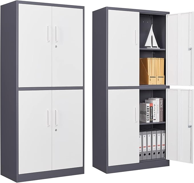 Metal Storage Cabinet with Lock, 71" Tall Steel File Locker with 2 Adjustable Shelves and 4 Doors, Tall Cabinet for Office, Garage, Home, Pantry (Grey White)