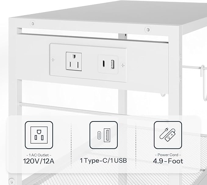HOOBRO Industrial Printer Stand, 3-Tier Mobile Printer Table, Rolling Cart with Power Outlets and USB Ports, Home Printer Stand with 2 Hooks, for Office, Living Room, White WW22UPS01