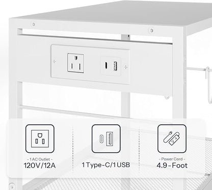 HOOBRO Industrial Printer Stand, 3-Tier Mobile Printer Table, Rolling Cart with Power Outlets and USB Ports, Home Printer Stand with 2 Hooks, for Office, Living Room, White WW22UPS01