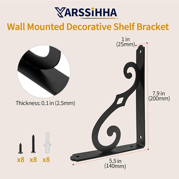 Yarssihha 8 Inch Decorative Shelf Brackets, 4 Pack Wall Mounted Metal Shelving Brackets, Heavy Duty Shelf Supports, Rustic L Shape Brackets for Floating Shelves DIY Home Kitchen, with Screws