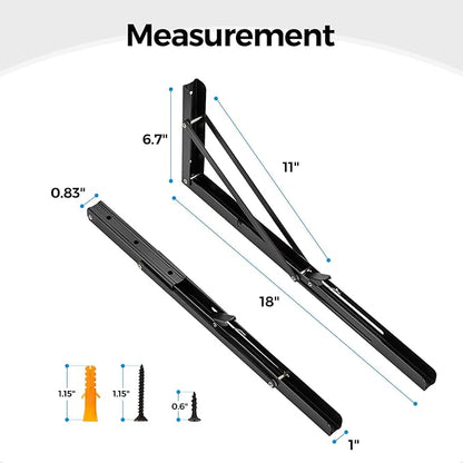 Home Expert 18 Inch Folding Shelf Brackets, 4 Pack (2 Pairs) Heavy Duty Metal Collapsible Wall-Mounted Brackets, Space-Saving DIY Foldable Shelf for Benches and Tables, Matte Black