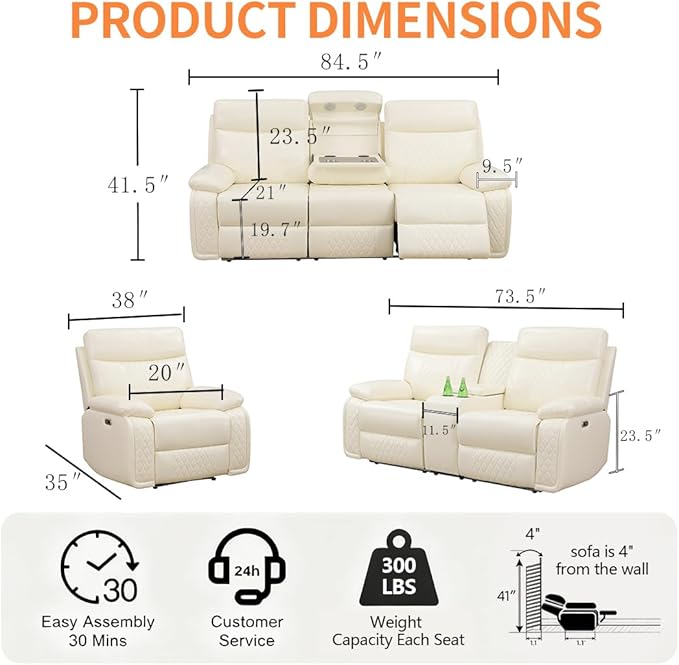 3 Pieces Reclining Living Room Set, Breathing Leather Power Recliner Loveseat Chair Set, Living Room Furniture Sets with LED, Cup Holders Hidden Storage for Home/Office/Meeting Room,Beige