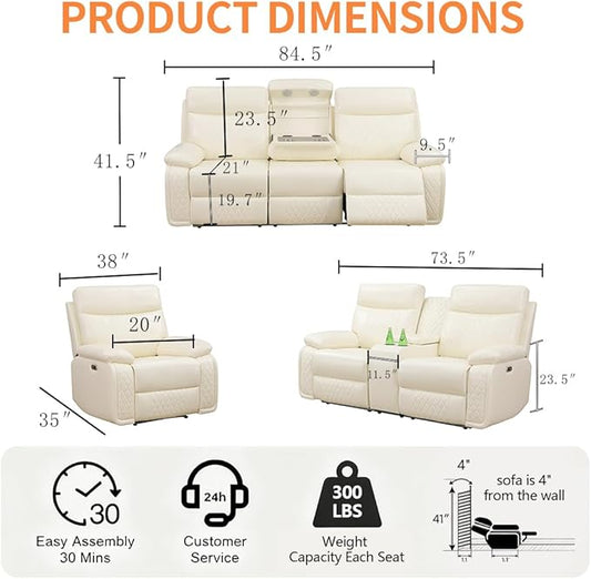 3 Pieces Reclining Living Room Set, Breathing Leather Power Recliner Loveseat Chair Set, Living Room Furniture Sets with LED, Cup Holders Hidden Storage for Home/Office/Meeting Room,Beige