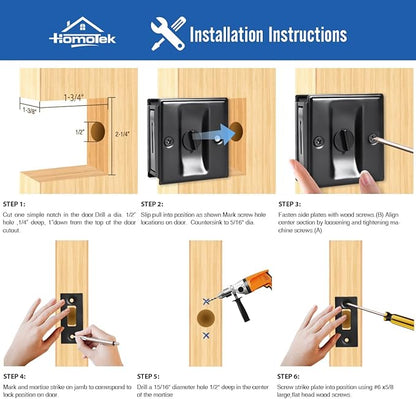 HOMOTEK 4 Pack Privacy Pocket Door Lock Hardware with Pull Pocket & Bi-Fold Door Hardware- Replace Old Or Damaged Sliding Door Locks Quickly and Easily, 2-3/4”x2-1/2”, for 1-3/8” Thickness Door, Black