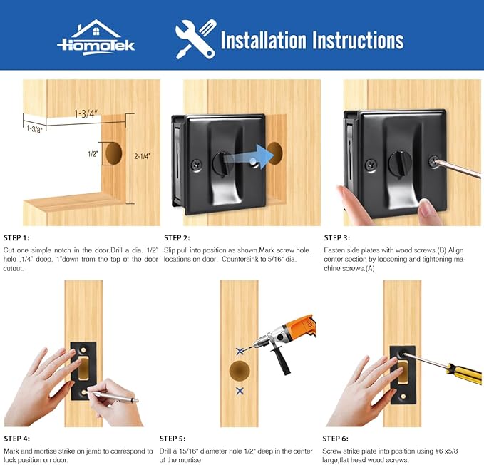 HOMOTEK 2 Pack Privacy Pocket Door Lock Hardware with Pull - Replace Old Or Damaged Sliding Door Locks Quickly and Easily, 2-3/4”x2-1/2”, for 1-3/8” Thickness Door, Black