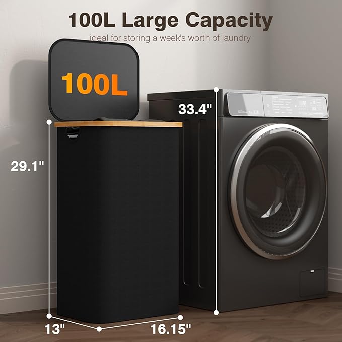 100L Laundry Hamper with Lid, Large Laundry Basket with Bamboo Handles, Clothes Hampers for Laundry with Removable Bag, Dirty Clothes Hampers for Bedroom Aesthetic, Black