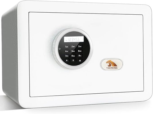 TIGERKING 1.2 Cu Ft Small Safe Box, White Security Safe with Digital Keypad, 2-Bolt Anti-Theft Locking Bolts, Removable Shelf, Easy Setup for Closet, Apartment, Dorm, Home Office