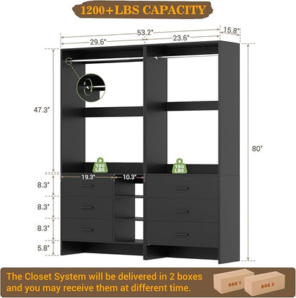 Aheaplus Closet System with 6 Drawers, 4.5ft Wood Closet Organizer System, Walk-in Closet or Small Closets Wardrobe, Clothes Rack with Hanging Rods, Set of 2 Black
