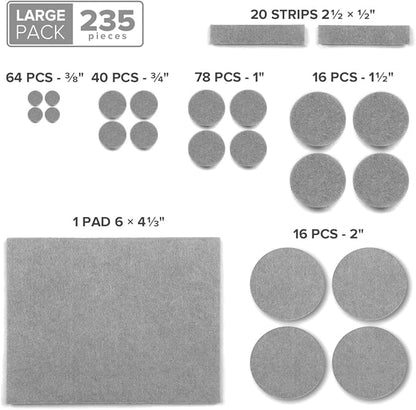 235 pcs Gray Felt Furniture Pads X-Protector! Huge Quantity of Furniture Pads for Hardwood Floors with Many Big Sizes – Your Ideal Wood Floor Protectors for Furniture. Protect Any Type of Hard Floor!