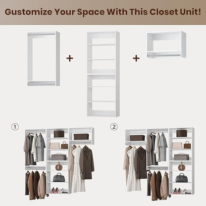 ROOMTEC Modular Closet System, 96" Wall-Mounted Closet Organizer with Hanging Rods, Modern Wooden Tower for Walk-In Closets, Wardrobe Storage Kit, White