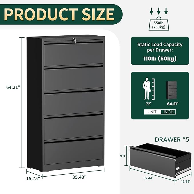 5 Drawer Lateral File Cabinet with Lock, Horizontal Metal File Cabinets for Home Office, Heavy Duty Large Filing Storage Cabinet, Steel Wide File Cabinet for Legal/A4/F4, Require Assembly-Black