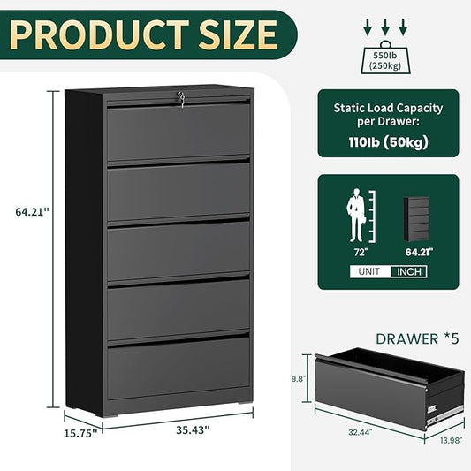 5 Drawer Lateral File Cabinet with Lock, Horizontal Metal File Cabinets for Home Office, Heavy Duty Large Filing Storage Cabinet, Steel Wide File Cabinet for Legal/A4/F4, Require Assembly-Black