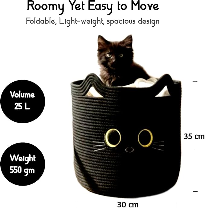 Kids Laundry Basket & Toy Storage Organizer | Large Black Cat Woven Cotton Rope Bin for Stuffed Plushies | Animal face Hamper with Cutout Handles for Nursery, Playroom & Kid’s Bedroom (Black Cat)