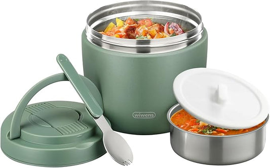 Thermo Food Jar for Hot Food Adults 32OZ Soup Thermo Lunch Containers Wide Mouth Vacuum Insulated Stainless Steel Leakproof Bento Box with Spoon (Green)