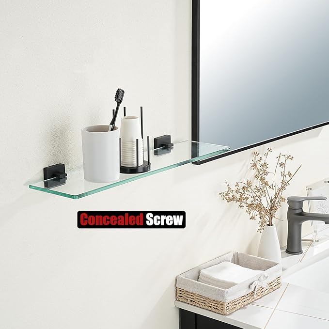 JQK Bathroom Glass Shelf Black, Tempered Glass Shower Storage 24 by 5 inches, 304 Stainless Steel Matte Black Wall Mount, TGS201L24-PB