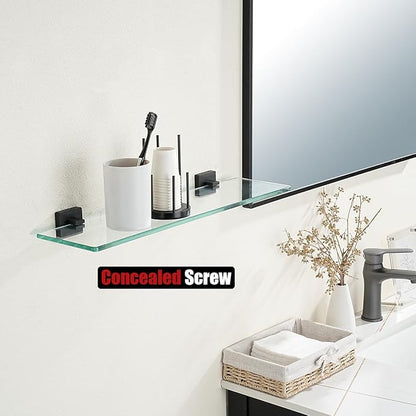 JQK Bathroom Glass Shelf Black, Tempered Glass Shower Storage 24 by 5 inches, 304 Stainless Steel Matte Black Wall Mount, TGS201L24-PB