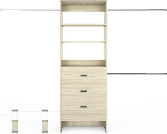 96'' Closet Organizer System with 3 Hanging Rods, 8FT Closet Organizers and Storage with 3 Wooden Drawers, Built in Closet Organizer Systems, Adjustable Walk-in Wardrobe from 2-8FT, Light Oak