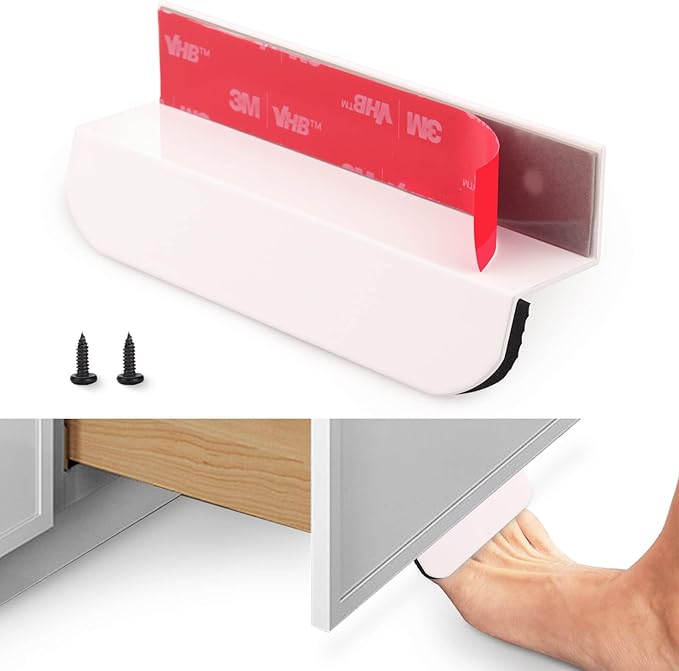 1-Pack Under Cabinet Foot Pull with Adhesive and Screws, Hands Free Toe Foot Pull Opener for Kitchen Trash Cabinet Drawer, 4 Inch (White)