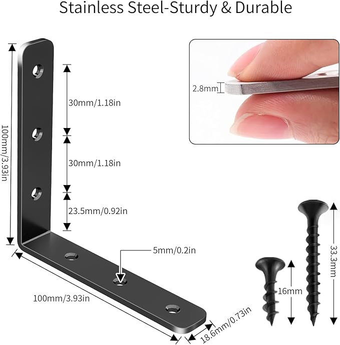 YUMORE L Bracket, 4x4 Inch Max Load: 25lb/12kg Heavy Duty Stainless Steel Solid Shelf Support Corner Brace Joint Right Angle Bracket, Pack of 4, Black