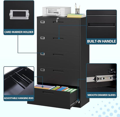 MIIIKO Lateral File Cabinet with Lock, 5 Drawer Metal File Cabinets 35.4" Wide, Home Office Locking Filing Cabinets for Legal Letter File Folders