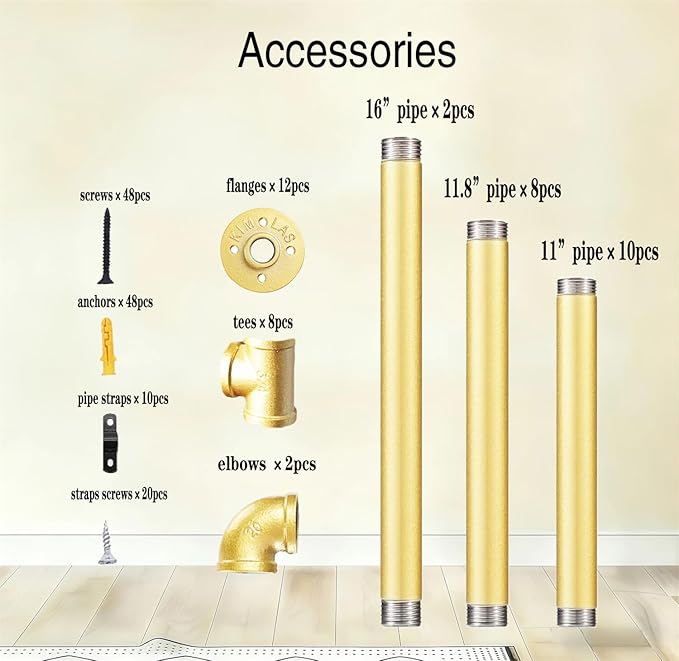 Gold Industrial Wall Mount Iron Pipe Shelf Bracket,Retro DIY Open Bookshelf,Storage Shelves, Ceiling hung Shelves for Home Kitchen Bathroom Living Room Office(2PcsX5Tier,68"Tall,10"deep,Hardware Only)