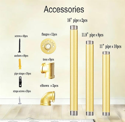 Gold Industrial Wall Mount Iron Pipe Shelf Bracket,Retro DIY Open Bookshelf,Storage Shelves, Ceiling hung Shelves for Home Kitchen Bathroom Living Room Office(2PcsX5Tier,68"Tall,10"deep,Hardware Only)