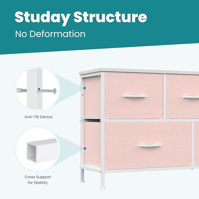 OLIXIS Dresser for Bedroom with 5 Drawers, Wide Chest of Drawers, Fabric Bedroom Dresser with Drawer Organizer, Storage Organizer Unit with Fabric Bins for Closet, Living Room, Hallway, Pink