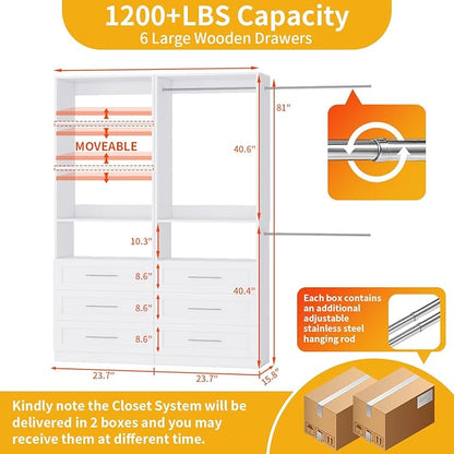 Closet System with 6 Drawers, Wood Closet Organizer System, Walk-in Closet or Small Closet System with Shelves, Modular Closet Systems with 3 Expandable Hanging Rods, 2 Sets, White (4FT)