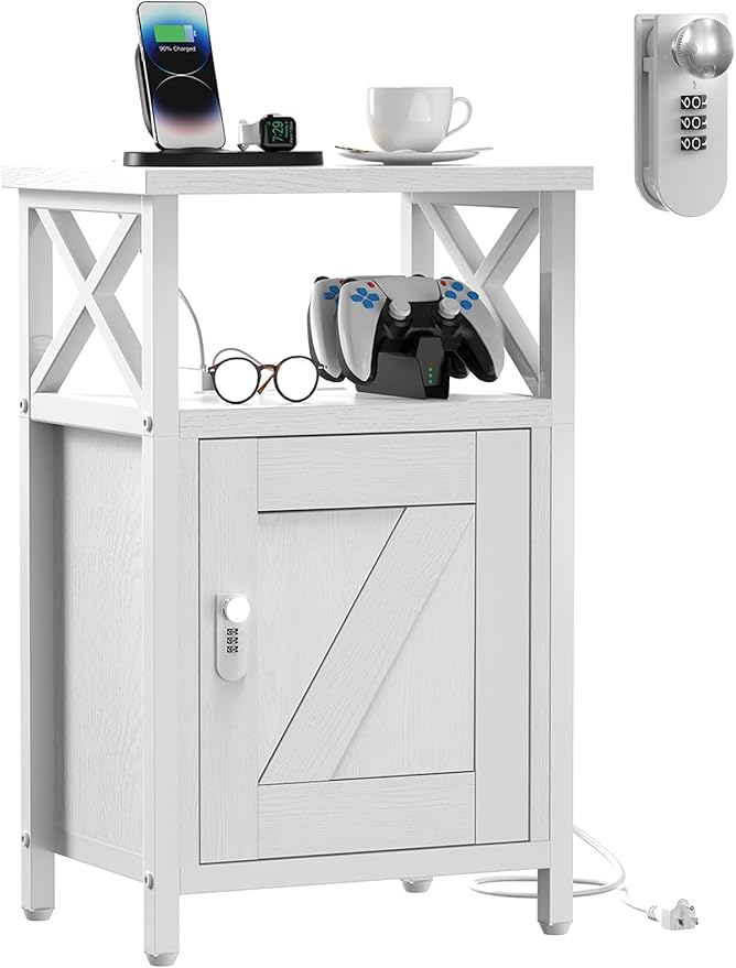 Wooden Nightstand with Lock, Bed Side Table with Drawers, Bedside Table with Charging Station, 3 USB & 2 Outlets, Night Stand with Storage, End Tables for Bedroom, Dorm, White