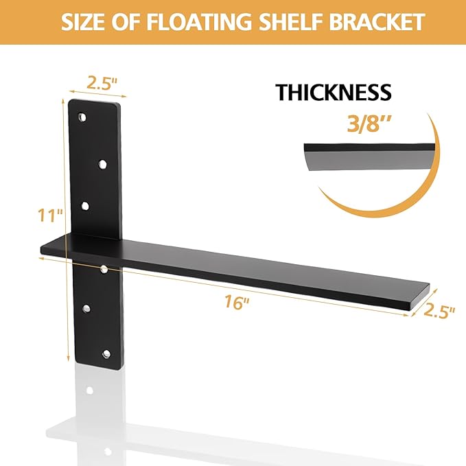 3/8" Thick Floating Shower Bench Brackets 3 Pcs, 16"x11"x2.5"Heavy Duty Free Hanging T Shelf Support Brackets, Wall Mount Bracket for Granite, Vanity, Shower Bench, Cabinets, Dishwasher,Countertop