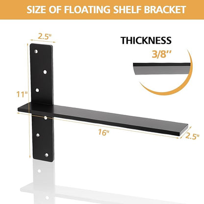 3/8" Thick Floating Shower Bench Brackets 3 Pcs, 16"x11"x2.5"Heavy Duty Free Hanging T Shelf Support Brackets, Wall Mount Bracket for Granite, Vanity, Shower Bench, Cabinets, Dishwasher,Countertop