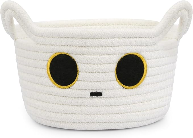 Small Storage Cute White Cat Cotton Rope Woven Basket for Nursery, Blanket Basket Organizer With Ears Toy Storage Bin Box 8.5×4.5 inches