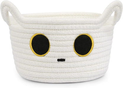 Small Storage Cute White Cat Cotton Rope Woven Basket for Nursery, Blanket Basket Organizer With Ears Toy Storage Bin Box 8.5×4.5 inches