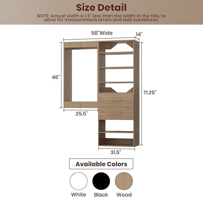 ROOMTEC Modular Closet System, 58" Wall Mounted Closet Organizer with Hanging Rods and Drawers, Wooden Tower for Walk-In Closets, Wardrobe Storage Kit, Wood