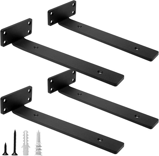 HITOMEN Heavy Duty Floating Shelf Brackets, 10-Inch (1/5'' Thick) Hidden Shelves Hardware, Iron L Brackets, Rustic Industrial Black Metal Wall Shelving Supports, 4 Pack