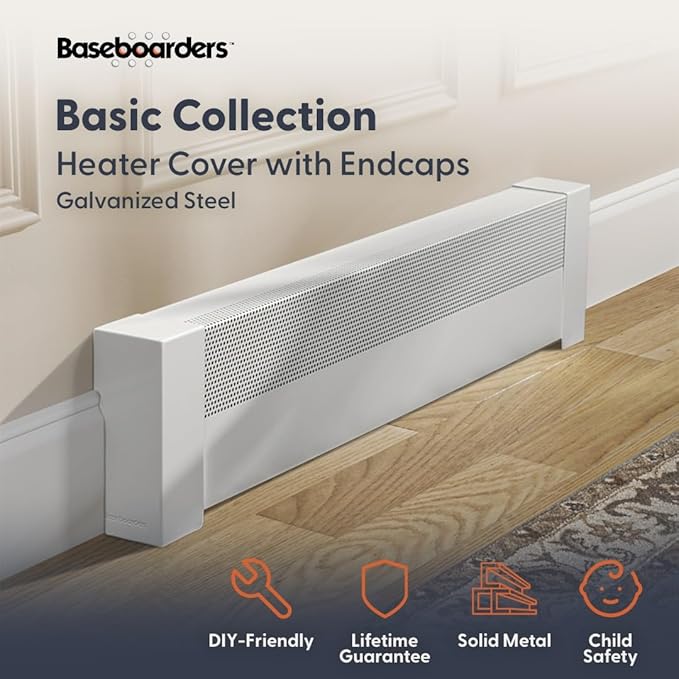 Baseboarders Basic Series 4 ft (48 in) Galvanized Steel Slip-On Baseboard Heater Cover + Left & Right Endcaps, Rust Resistant, White, for Hydronic Hot-Water Systems