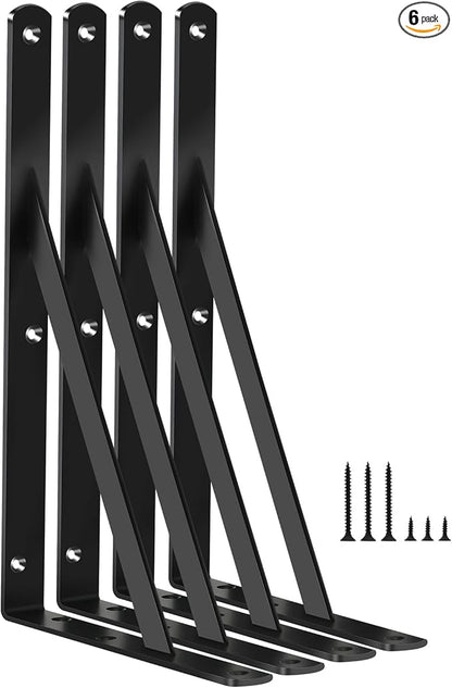 6 Pack L11 x H 8" Black Heavy Duty Shelf Brackets with Screws Metal Shelf Brackets Shelf Support Angle Brackets for Shelves L Brackets Heavy Duty Floating Shelf