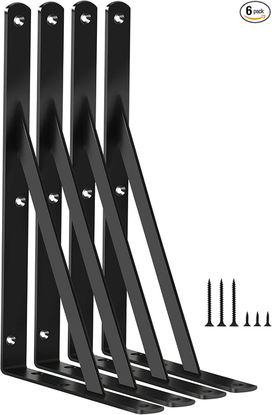 6 Pack L11 x H 8" Black Heavy Duty Shelf Brackets with Screws Metal Shelf Brackets Shelf Support Angle Brackets for Shelves L Brackets Heavy Duty Floating Shelf