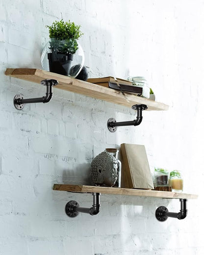 MUZIK Shelf Brackets, 12 Pack Industrial Pipe Floating Shelf Bracket, Heavy Duty Wall Mount Shelf Brackets & Supports, Vintage Black Iron Finish DIY Pipe Brackets for Shelves (7*4 Inch)