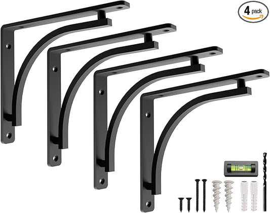 Classic Black Heavy Duty Shelf Brackets 10 inch by Balin Designs – L Bracket, Wall Mounted Support, Shelving Metal Bracket, Decorative Shelf Brackets, with Hardware Included, Set of 4