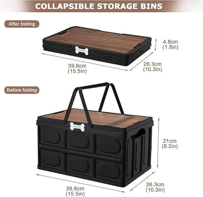 Outdoor Dog Toy Bin wtih Handles,Collapsible Dog Stuff Organizer Portable,Pet Storage Basket with Wood Cover for Dog Toys/Snack/Camping Essentials,Ideal for Car Trunk,RV Trip,Picnic-Black