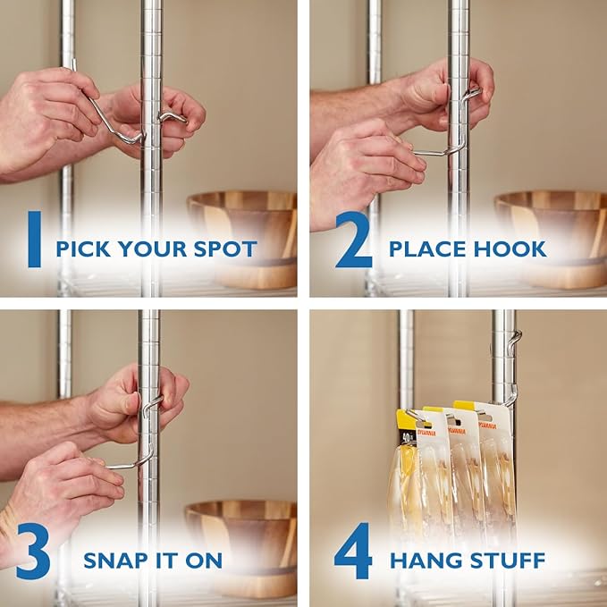 Shelf Pole Hooks | 5-Pack Black C & Utility Hooks | Snap-On Hanging Hooks for 1" Wire, Metal & Metro Shelving | Heavy Duty Garage, Pantry, Basement & Workshop Storage Hooks
