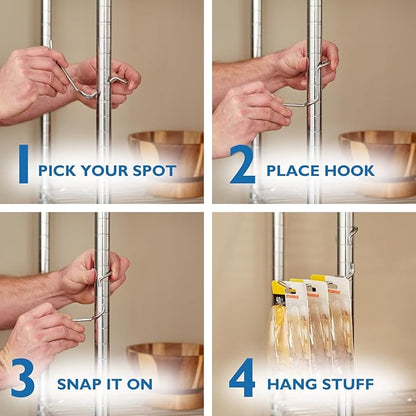 Shelf Pole Hooks 5-Pack | Chrome Heavy-Duty Utility J Hooks for 1-Inch Poles ONLY | Snap-On Hooks for Wire, Metal & Metro Shelving | Garage, Kitchen & Home Organization