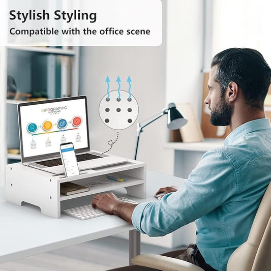 Bambloom Monitor Stand Riser with Storage Organizer Desktop with Cooling Holes Bamboo Laptop Riser Shelf for Office and Home Use 16.7x11.8x5 inch (White)