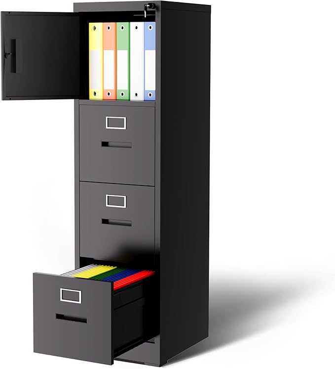 3 Drawer Metal Locking File Cabinet with 1 Door Heavy Duty Lockable Filing Cabinets Home Office Steel File Cabinet Black Vertical File Cabinets for Legal/Letter Size File,Assembly Required