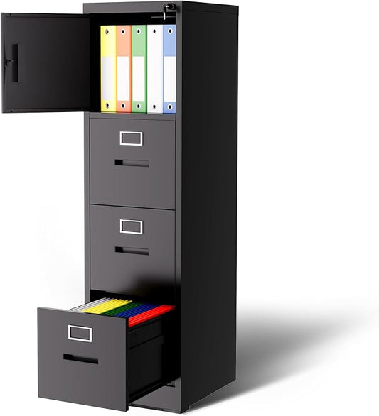 3 Drawer Metal Locking File Cabinet with 1 Door Heavy Duty Lockable Filing Cabinets Home Office Steel File Cabinet Black Vertical File Cabinets for Legal/Letter Size File,Assembly Required