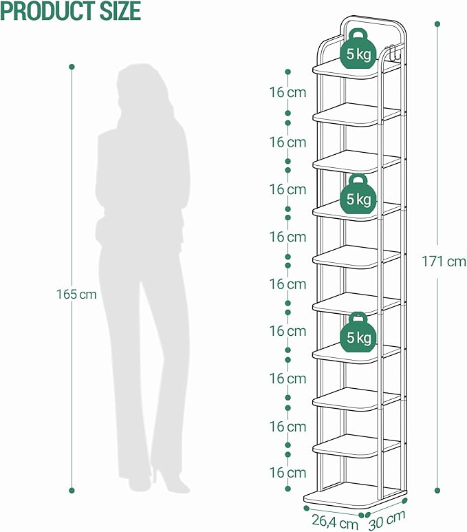 10 Tiers Vertical Shoe Rack, Narrow Shoe Tower, Tall Shoes Shelf with 2 Hooks, Adjustable Shelves, Corner Shoes Shelves for Small Spaces, Entryway, Living Room, White SR11213W