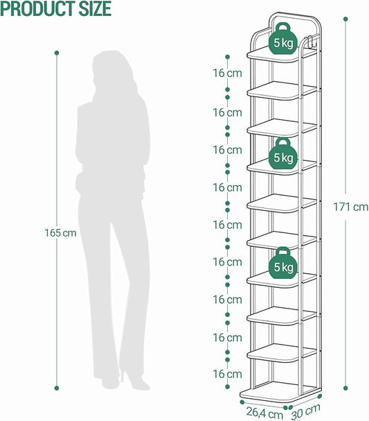 10 Tiers Vertical Shoe Rack, Narrow Shoe Tower, Tall Shoes Shelf with 2 Hooks, Adjustable Shelves, Corner Shoes Shelves for Small Spaces, Entryway, Living Room, White SR11213W
