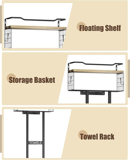 Towel Racks for Bathroom - Wall Mounted Metal Rack with Wood Plank, Bathroom Storage Organizer, Towel Holder Stores 6 Large Rolled Towels Easily, Black with Wood Plank